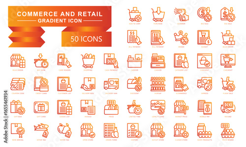 Commerce and retail gradient icons set. contain credit card, budget, cashier, checkout, ecommerce, flash sale, invoice and more. Vector for modern concept, print, UI, UX kit, web and app development.