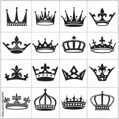 Collection of sixteen diverse black silhouette royal crowns and regal headwear designs arranged in a grid on a white background