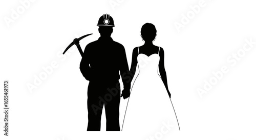 silhouette of a bride and miner holding hands unique wedding invitation design or industrial romance concept