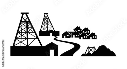 mining town black and white icon illustrating a thriving community supported by local mining industry