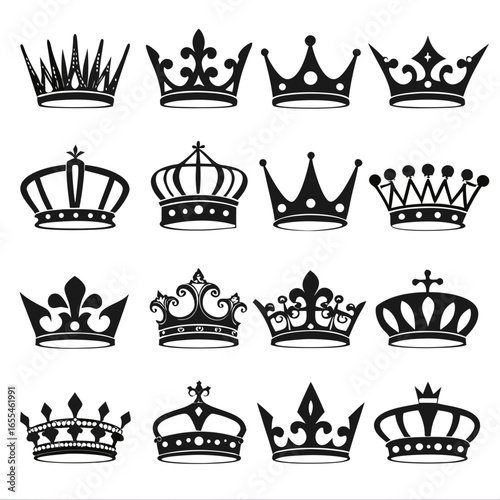 Collection of sixteen diverse black silhouette royal crowns and tiaras on a white background