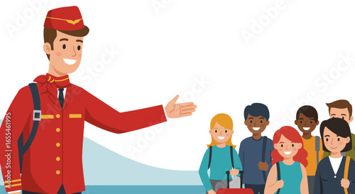 Smiling Bellhop Welcoming Guests with Open Hand Gesture.