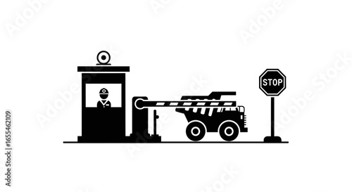 security checkpoint dump truck halting at barrier illustrative vector for safety transportation and industrial control systems