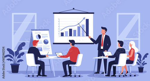 Business Presentation with Team and Charts Illustration.