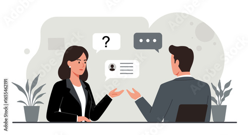 Business Interview with Question Mark and Speech Bubbles.