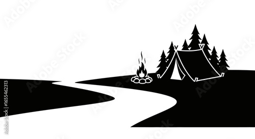 serene lakeside camping scene black and white silhouette illustration perfect for travel adventure and outdoor branding designs