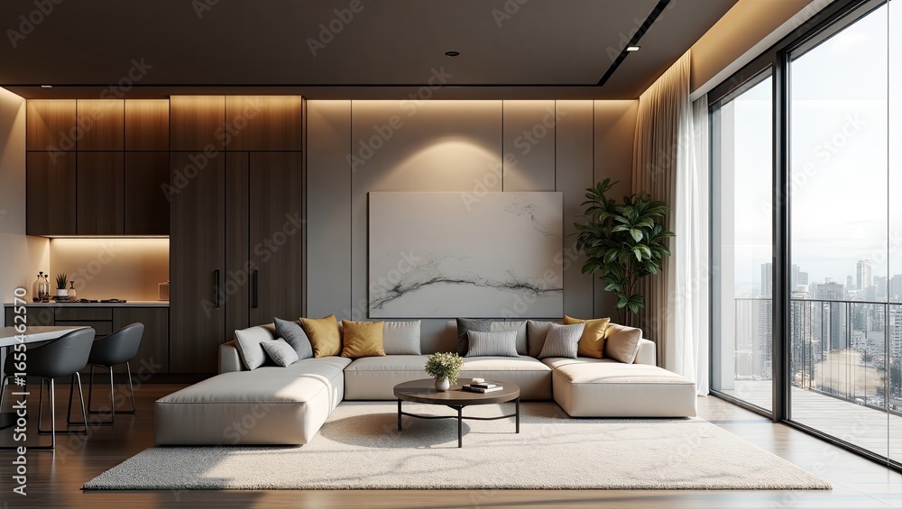 Fototapeta premium Modern living room interior design with city view.