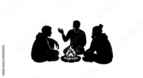 three silhouettes sharing stories around a campfire perfect for storytelling friendship and outdoor adventure designs