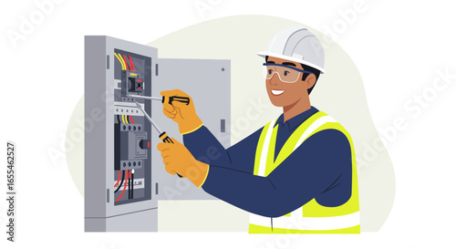 Smiling Electrician Working on Electrical Panel with Tools.