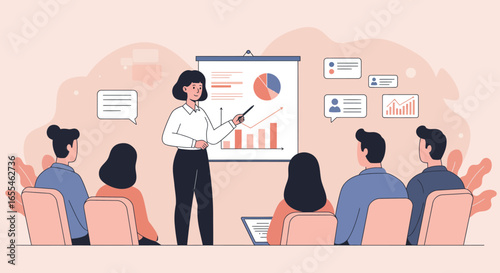 Businesswoman Presenting Charts and Data to Audience.