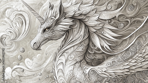 Hand-Drawn Fantasy Creature with Intricate Scales, Mane, and Wings Against Whimsical Background
