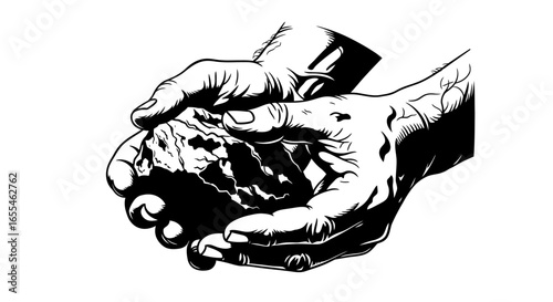 strong hands gently holding earth black and white illustration for sustainability environmental and labor themes