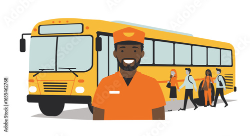 Smiling School Bus Driver with Passengers and Bus.