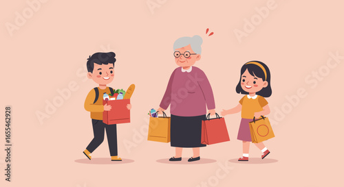 Elderly Woman with Shopping Bags and Helpers.