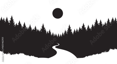 serene forest road a black and white silhouette for peaceful nature designs travel brochures and ecofriendly branding
