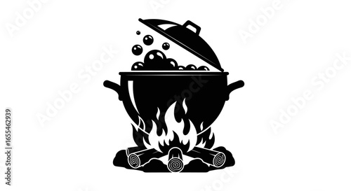 campfire cooking a black and white icon of a pot boiling over a bonfire perfect for outdoor adventure and culinary branding