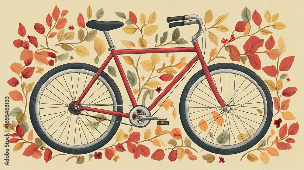 Fototapeta premium Hand-Drawn Vintage Bicycle with Detailed Spokes, Handlebars, and Tires Surrounded by Leaves and Flowers