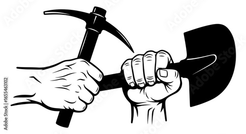powerful hands gripping pickaxe and shovel construction mining labor day and hard work concept illustration