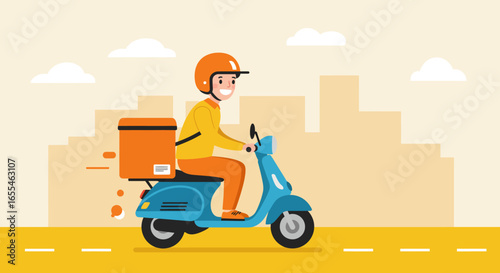 Smiling Delivery Person Riding Blue Scooter with Orange Box.