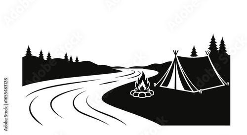 serene river camping scene black and white illustration perfect for outdoor adventure websites travel blogs and camping gear branding