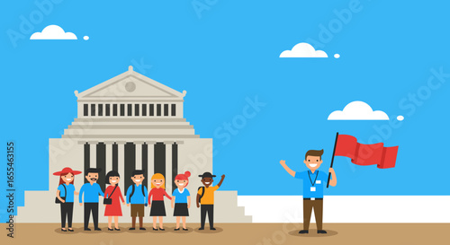 Group of Tourists with Guide at Building.