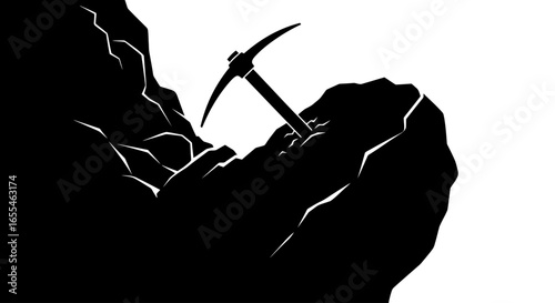 pickaxe embedded in rock symbolic image for mining perseverance and achieving goals