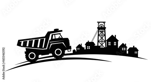 mining town silhouette dump truck hauling resources near mine shaft and homes ideal for industry transportation and community concepts