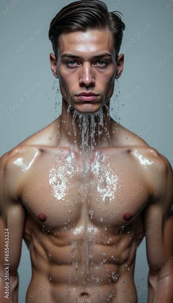 Fototapeta premium Striking male model with water cascading down his chest