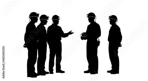 mine workers safety briefing silhouetted miners in hard hats engaging in a preshift discussion illustrating teamwork and hazard communication