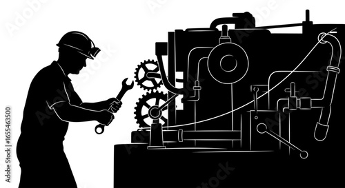 silhouette of a mechanic repairing industrial machinery solving equipment malfunctions ensuring operational efficiency