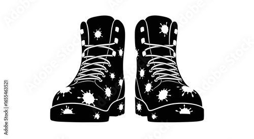stylish black boots with white splatter paint perfect for urban fashion streetwear designs and graphic projects