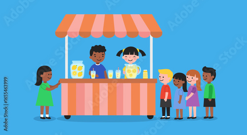 Childrens Lemonade Stand with Customers and Vendors.