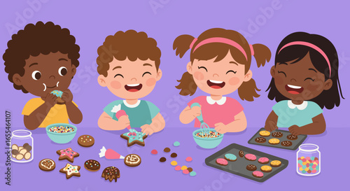 Happy Children Decorating and Enjoying Delicious Homemade Cookies.