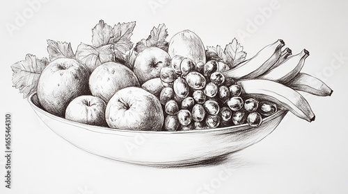 Hand-Drawn Still Life of Bowl of Fruit with Apples, Bananas, and Grapes Sketched in Detail and Shadow