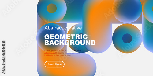 Abstract geometric background features vibrant overlapping circles. Text includes geometric background, plus sample text, button. Modern design.