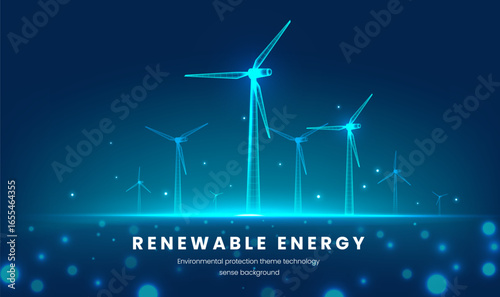 Horizontal illustration of renewable energy wind power technology style wind turbine