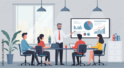 Business Team Meeting with Presentation and Charts.
