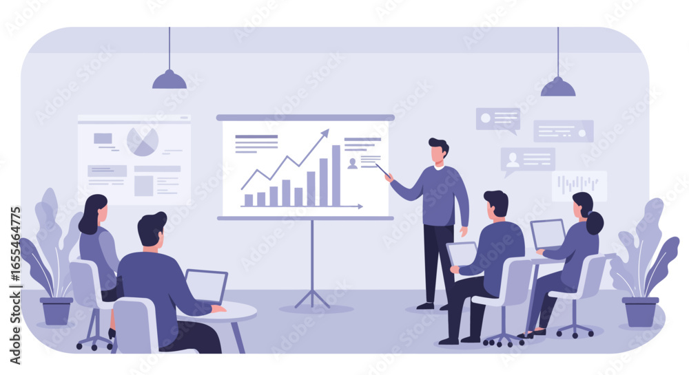 Obraz premium Business Presentation with Charts and Team Members.