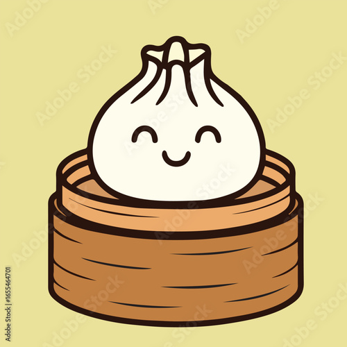 Funny dim sum illustrated in colorful vector flat design style, perfect for sticker creation, joyful artwork representing tasty and playful food concept.