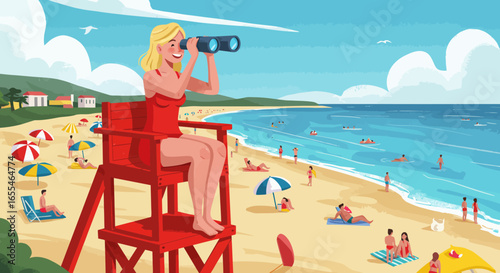Blonde Lifeguard Observing Beach with Binoculars on Duty.