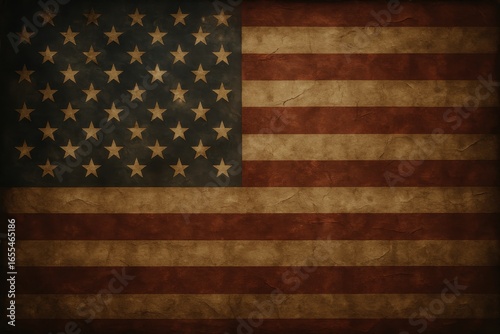 Vintage American flag with weathered texture and muted colors creating patriotic contrast against dark moody background