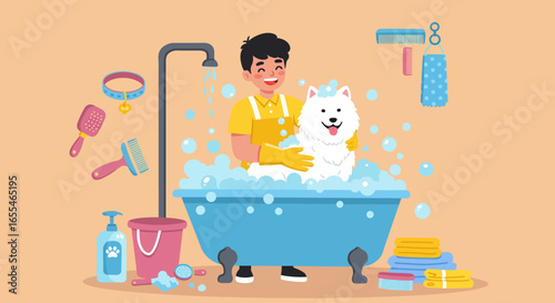 Happy Dog Getting a Bath with Owner in Tub.