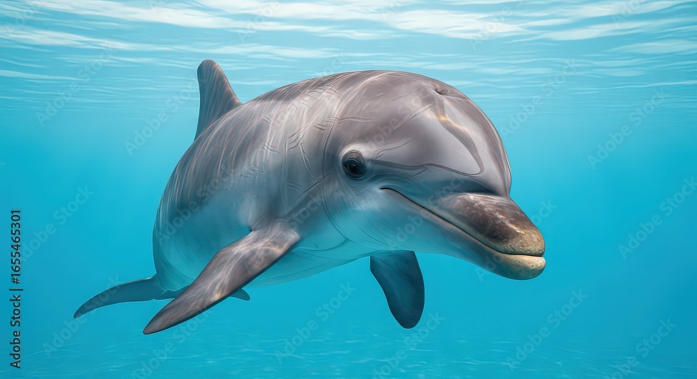 Naklejka premium A close up view of a dolphin swimming underwater in clear blue ocean water looking at the camera