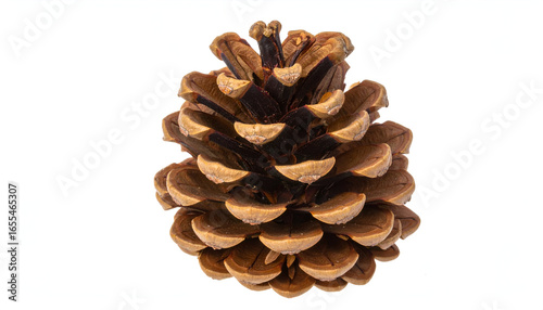 A dried brown pinecone isolated on white background, symbol of autumn and nature.