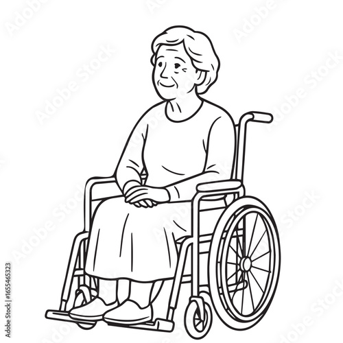 Black and white vector image of an old woman resting peacefully on a wheelchair, illustrated with minimalist lines and thick bold black outline.