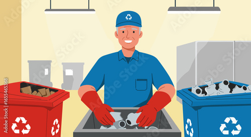 Smiling Man Sorting Recyclable Materials in Facility.