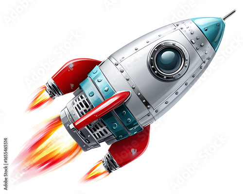 Silver Rocket Ship Blasting Off With Red and Teal Accents and Orange Flames With Transparent Background, PNG