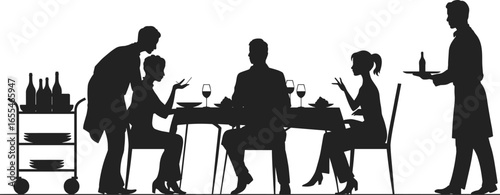 Silhouette restaurant dining scene with waiters serving table, people enjoying meal, wine service, social interaction, fine dining experience, hospitality, black figures, white background