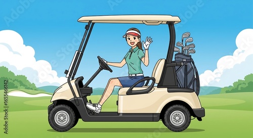 A side-view illustration of a woman wearing a stylish golf outfit  including a collared shirt, golf skirt, and a visor,  driving a golf cart
