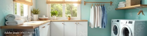A neatly organized laundry room with clean towels folded on shelves, a washing machine, and a clothes drying rack; fresh scent and bright lighting , shine, domestic life, hygiene